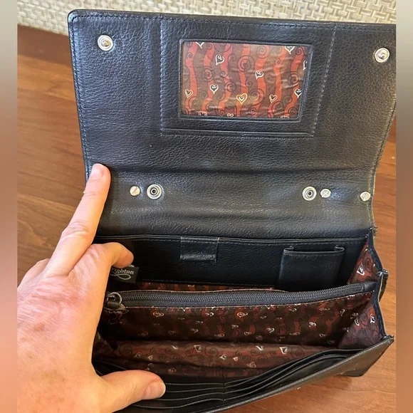 🌟7xHP🌟VTG 90s Brighton Croco Embossed Brown & Black Leather Organizer Wallet Bag - Picture 8 of 15